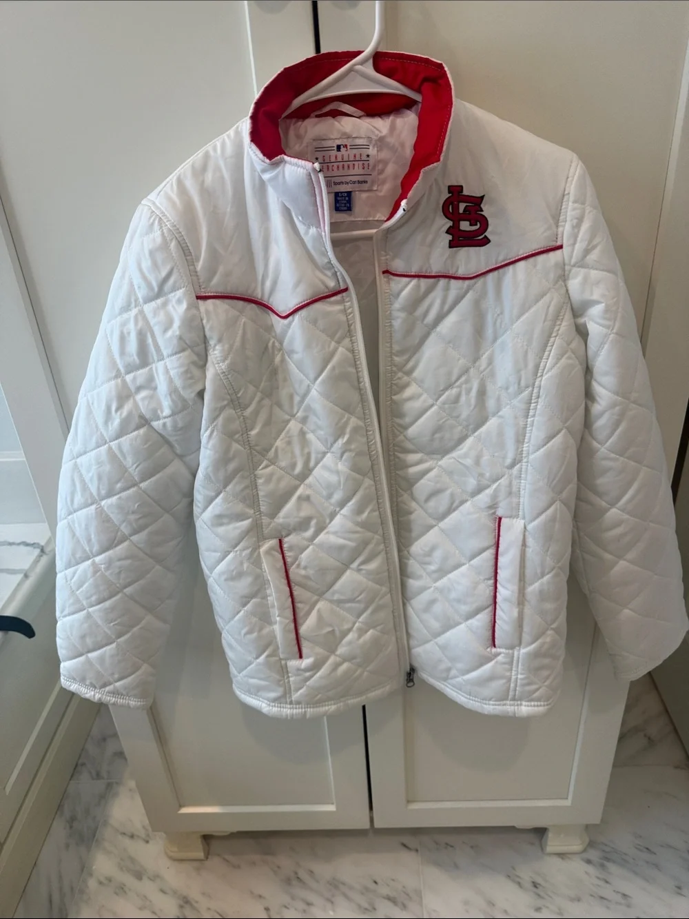 White & Red Quilted Kids Jacket with Team Embroidery